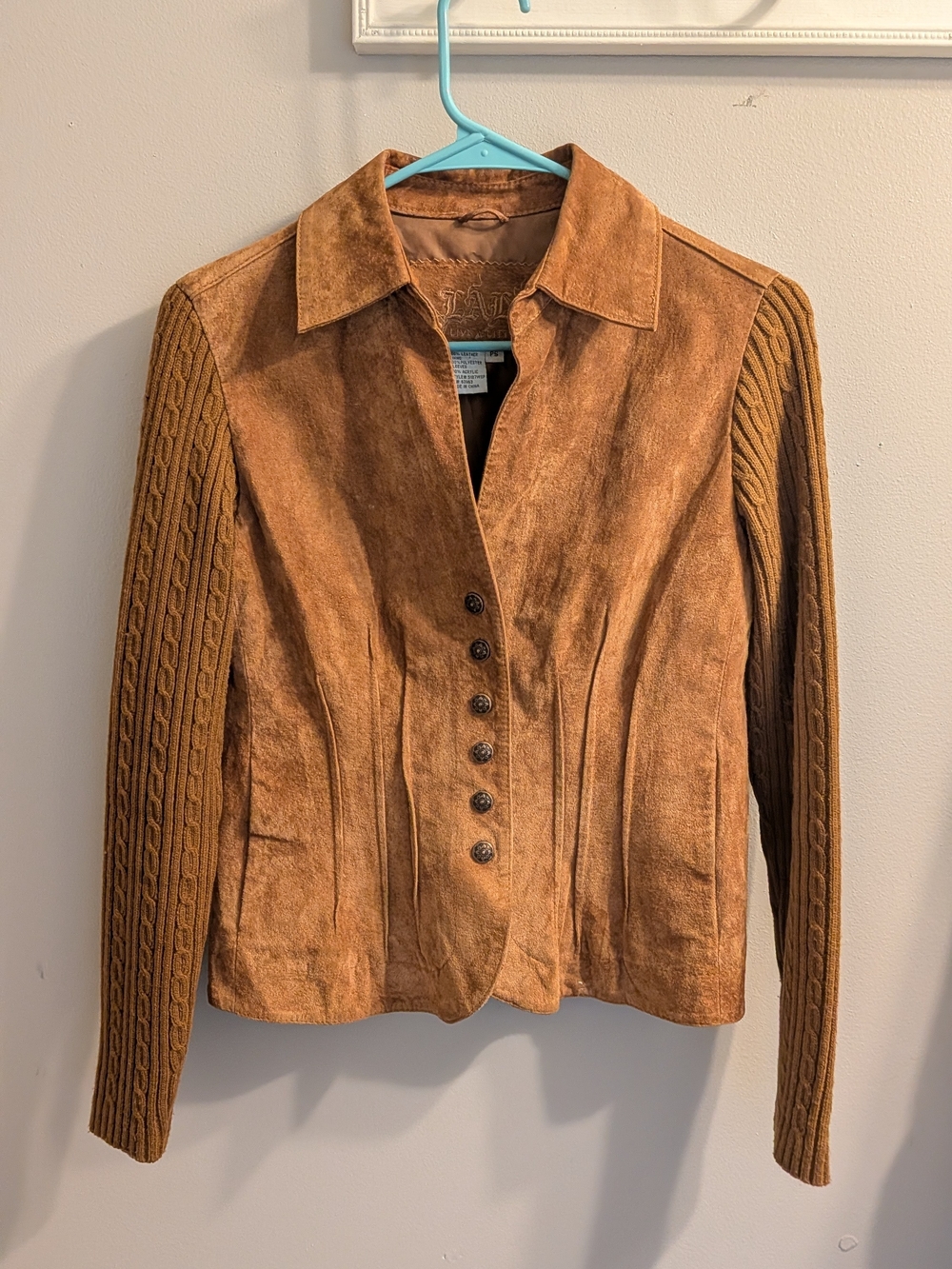 Vintage "Live a Little" Suede & Cable Knit Jacket – Petite Small – Tan